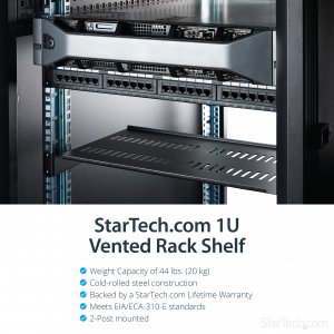 StarTech.com 1U Server Rack Shelf - Universal Vented Rack Mount Cantilever Tray for 19" Network Equipment Rack & Cabinet - Heavy Duty Steel – Weight Capacity 50lb/23kg - 10" Deep Shelf, Black