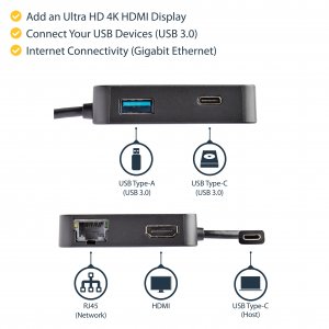 StarTech.com USB C Multiport Adapter - Portable USB-C Mini Dock 4K HDMI Video - Gigabit Ethernet, USB 3.0 Hub (1x USB-A 1x USB-C) - USB Type-C Multiport Adapter - Thunderbolt 3 Compatible