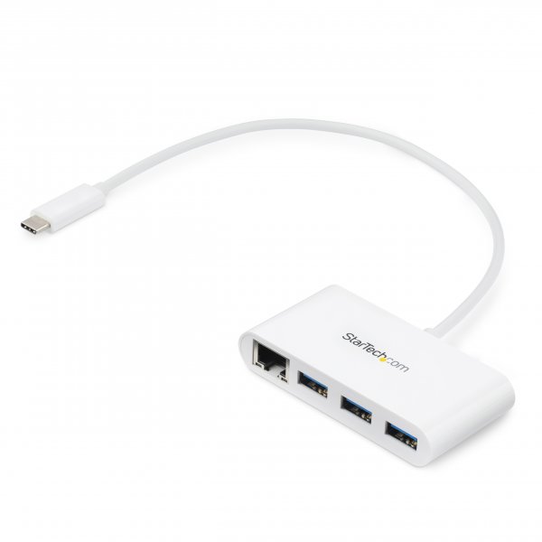 StarTech.com 3-Port USB-C Hub with Gigabit Ethernet - USB-C to 3x USB-A - USB 3.0 Hub - White~3-Port USB-C Hub with Gigabit Ethernet - USB-C to 3x USB-A - USB 3.0 Hub - 5Gbps - White