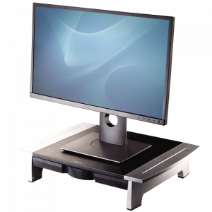 Fellowes Computer Monitor Stand with 5 Height Adjustments - Office Suites Monitor Riser with Storage Tray - Ergonomic Adjustable Monitor Stand for Computers - Max Weight 36KG/Max Size 28" - Graphite