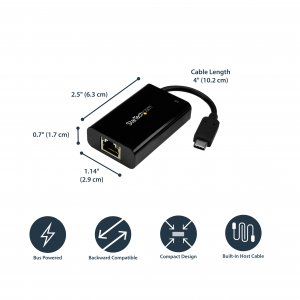 StarTech.com USB C to Gigabit Ethernet Adapter/Converter w/PD 2.0 - 1Gbps USB 3.1 Type C to RJ45/LAN Network w/Power Delivery Pass Through Charging - TB3 Compatible/ MacBook Pro Chromebook