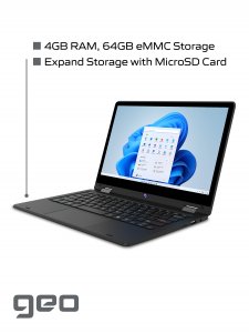 Geo Computers GeoFlex 110 Convertible Laptop and Tablet 11.6-inch HD Touchscreen Windows 10 Intel Celeron 4GB RAM