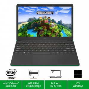 Geo Computers GeoBook 140 Minecraft Edition 14-inch Laptop Intel Celeron, 4GB RAM, 64GB eMMC - Minecraft included - Green