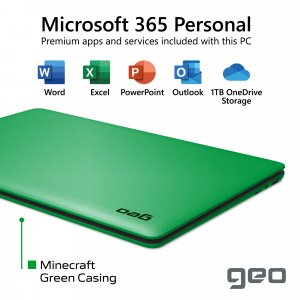 Geo Computers GeoBook 140 Minecraft Edition 14-inch Laptop Intel Celeron, 4GB RAM, 64GB eMMC - Minecraft included - Green