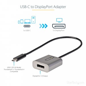 StarTech.com USB C to DisplayPort Adapter - 8K/4K 60Hz USB-C to DisplayPort 1.4 Adapter Dongle - USB Type-C to DP Monitor Video Converter - Works w/Thunderbolt 3 - w/12" Long Attached Cable