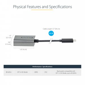 StarTech.com USB C to DisplayPort Adapter - 8K/4K 60Hz USB-C to DisplayPort 1.4 Adapter Dongle - USB Type-C to DP Monitor Video Converter - Works w/Thunderbolt 3 - w/12" Long Attached Cable