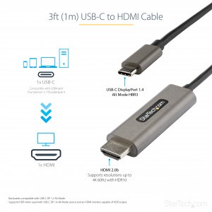 StarTech.com 3ft (1m) USB C to HDMI Cable 4K 60Hz w/ HDR10 - Ultra HD USB Type-C to 4K HDMI 2.0b Video Adapter Cable - USB-C to HDMI HDR Monitor/Display Converter - DP 1.4 Alt Mode HBR3
