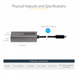 StarTech.com USB C to Mini DisplayPort Adapter - 4K 60Hz USB-C to mDP Adapter Dongle - USB Type-C to Mini DP Monitor - Video Converter - Works w/Thunderbolt 3-12" Long Attached Cable - Upgraded Version of CDP2MDP