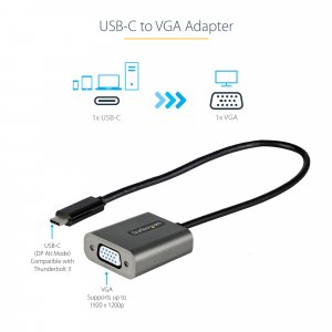 StarTech.com USB C to VGA Adapter - 1080p USB Type-C to VGA Adapter Dongle - USB-C (DP Alt Mode) to VGA Monitor/Display Video Converter - Thunderbolt 3 Compatible - 12" Long Attached Cable - Upgraded Version of CDP2VGA
