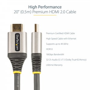 StarTech.com 20in (0.5m) Premium Certified HDMI 2.0 Cable - High-Speed Ultra HD 4K 60Hz HDMI Cable with Ethernet - HDR10, ARC - UHD HDMI Video Cord - For UHD Monitors, TVs, Displays - M/M