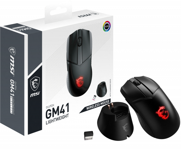MSI CLUTCH GM41 LIGHTWEIGHT WIRELESS Gaming Mouse 'RGB, upto 20000 DPI, low latency, 74g weight, 80 hours battery life, 6 Programmable button, Symmetrical design, OMRON Switches, Dragon Center'
