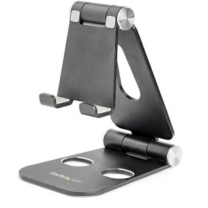 StarTech.com Phone and Tablet Stand - Foldable Universal Mobile Device Holder for Smartphones & Tablets - Adjustable Multi-Angle Ergonomic Cell Phone Stand for Desk - Portable - Black