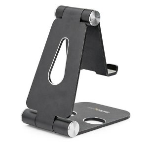 StarTech.com Phone and Tablet Stand - Foldable Universal Mobile Device Holder for Smartphones & Tablets - Adjustable Multi-Angle Ergonomic Cell Phone Stand for Desk - Portable - Black