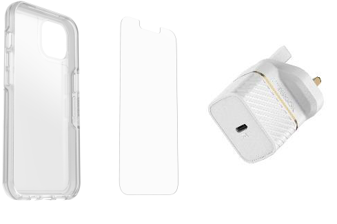 OtterBox Symmetry Clear + Alpha Glass Anti-Microbial + UK USB-C Wall Charger 20W Series for Apple iPhone 13, transparent