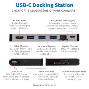 Tripp Lite U442-DOCK5D-GY USB-C Dock - 4K HDMI, USB 3.2 Gen 1, USB-A Hub, GbE, Memory Card, 100W PD Charging, Detachable Cord