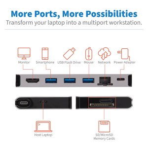 Tripp Lite U442-DOCK5D-GY USB-C Dock - 4K HDMI, USB 3.2 Gen 1, USB-A Hub, GbE, Memory Card, 100W PD Charging, Detachable Cord