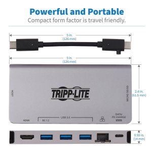 Tripp Lite U442-DOCK5D-GY USB-C Dock - 4K HDMI, USB 3.2 Gen 1, USB-A Hub, GbE, Memory Card, 100W PD Charging, Detachable Cord