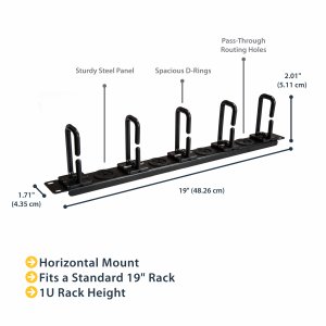 StarTech.com 1U 19" Cable Management Organizer - D Ring Hook Network/Server Rack Cord Manager - Data Center Horizontal Wire Panel with Passthrough Holes w/Mounting HW - EIA/ECA-310-E