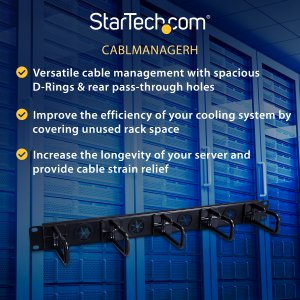 StarTech.com 1U 19" Cable Management Organizer - D Ring Hook Network/Server Rack Cord Manager - Data Center Horizontal Wire Panel with Passthrough Holes w/Mounting HW - EIA/ECA-310-E