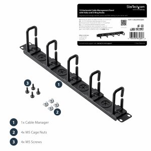 StarTech.com 1U 19" Cable Management Organizer - D Ring Hook Network/Server Rack Cord Manager - Data Center Horizontal Wire Panel with Passthrough Holes w/Mounting HW - EIA/ECA-310-E