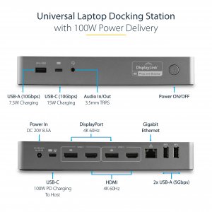StarTech.com USB-C & USB-A Dock - Hybrid Universal Laptop Docking Station with 100W Power Delivery - Dual Monitor 4K 60Hz HDMI & DisplayPort - 4x USB 3.1 Gen 1 Hub, GbE - Windows & Mac