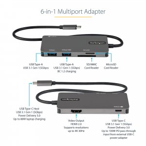 StarTech.com USB C Multiport Adapter - USB-C to 4K HDMI, 100W Power Delivery Pass-through, SD/MicroSD Slot, 3-Port USB 3.0 Hub - USB Type-C Mini Dock - 12" (30cm) Long Attached Cable