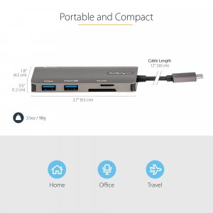 StarTech.com USB C Multiport Adapter - USB-C to 4K HDMI, 100W Power Delivery Pass-through, SD/MicroSD Slot, 3-Port USB 3.0 Hub - USB Type-C Mini Dock - 12" (30cm) Long Attached Cable