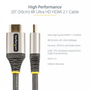 StarTech.com 20in (50cm) HDMI 2.1 Cable 8K - Certified Ultra High Speed HDMI Cable 48Gbps - 8K 60Hz/4K 120Hz HDR10+ eARC - Ultra HD 8K HDMI Cord - Monitor/TV/Display - Flexible TPE Jacket