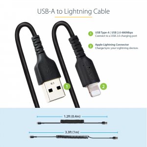 StarTech.com 1m (3ft) USB to Lightning Cable, MFi Certified, Coiled iPhone Charger Cable, Black, Durable TPE Jacket Aramid Fiber, Heavy Duty Coil Lightning Cable