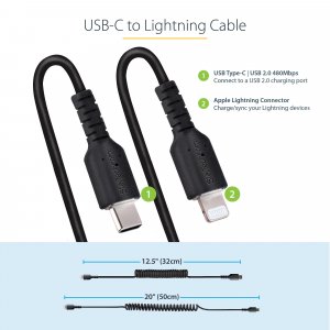 StarTech.com 20in / 50cm USB C to Lightning Cable, MFi Certified, Coiled iPhone Charger Cable, Black, Durable TPE Jacket Aramid Fiber, Heavy Duty Coil Lightning Cable