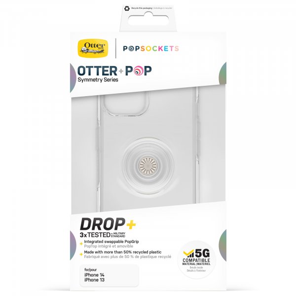 OtterBox Otter+Pop Case for iPhone 14/iPhone 13, Shockproof, Drop proof, Protective Case with PopSockets PopGrip, 3x Tested to Military Standard, Clear