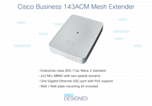 Cisco Business 143ACM 802.11ac 2x2 Wave 2 Mesh Extender 1 GbE Port - Wall Mount, Limited Lifetime Protection (CBW143ACM-E-UK) - Requires Business Wireless Access Points