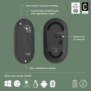 Logitech Pebble 2 M350s mouse Ambidextrous RF Wireless + Bluetooth Optical 4000 DPI