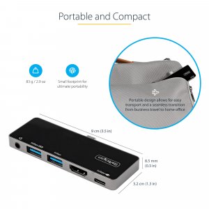 StarTech.com USB C Multiport Adapter - USB-C to 4K 60Hz HDMI 2.0, 100W Power Delivery Pass-Through Charging, 3-Port USB 3.0 Hub, Audio - USB-C Mini Dock - Portable USB Type-C Travel Dock