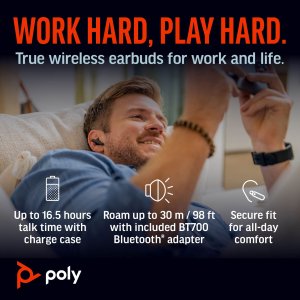 POLY Voyager Free 60+ UC M White Sand Earbuds +BT700 USB-A Adapter +Touchscreen Charge Case