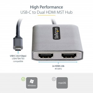 StarTech.com USB-C to Dual HDMI MST HUB - Dual HDMI 4K 60Hz - USB Type C Multi Monitor Adapter for Laptop w/ 1ft/30cm cable - DP 1.4 Multi-Stream Transport Hub - USB-C to HDMI Splitter