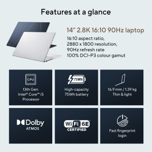 ASUS Zenbook 14 OLED UX3402VA-KN114W Intel® Core™ i5 i5-1340P Laptop 35.6 cm (14") Touchscreen 2.8K 16 GB LPDDR5-SDRAM 512 GB SSD Wi-Fi 6E (802.11ax) Windows 11 Home Blue