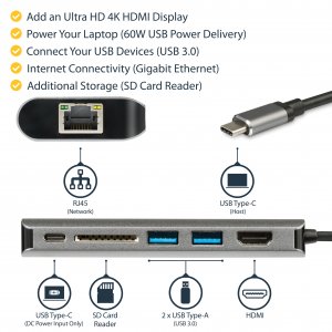 StarTech.com USB C Multiport Adapter - USB-C Travel Dock to 4K HDMI, 3x USB 3.0 Hub, SD/SDHC, GbE, 60W PD 3.0 Pass-Through - USB Type-C/Thunderbolt 3 - Replaces DKT30CSDHPD