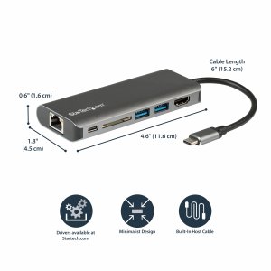 StarTech.com USB C Multiport Adapter - USB-C Travel Dock to 4K HDMI, 3x USB 3.0 Hub, SD/SDHC, GbE, 60W PD 3.0 Pass-Through - USB Type-C/Thunderbolt 3 - Replaces DKT30CSDHPD