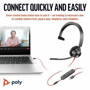 HP Poly Poly Blackwire 3315 Monaural USB-C Headset +3.5mm Plug +USB-C/A Adapter