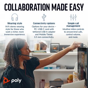 Poly Blackwire 3225 Stereo USB-C Headset +3.5mm Plug +USB-C/A Adapter
