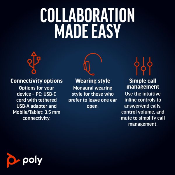 Poly Blackwire 5210 Monaural USB-C Headset +3.5mm Plug +USB-C/A Adapter (Bulk)