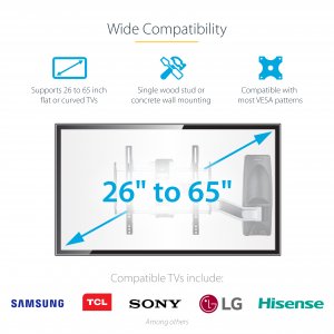 StarTech.com Articulating TV Wall Mount, VESA Wall Mount, Supports 26 to 65 inch/99lb/Flat/Curved TVs, Retractable Low Profile Wall Mount TV Bracket, Adjustable Corner TV Wall Mount