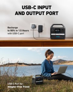 Anker 521 Portable Power Station (PowerHouse 256Wh), 6-Port PowerHouse 200W/256Wh with Solar Generator, 2 AC Outlets, 60W USB-C Power Delivery Output, LED Light for Outdoor RV, Emergencies and More