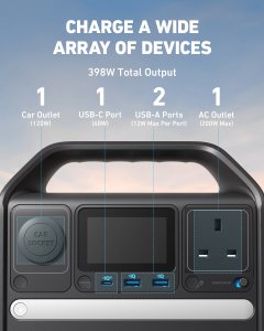 Anker 521 Portable Power Station (PowerHouse 256Wh), 6-Port PowerHouse 200W/256Wh with Solar Generator, 2 AC Outlets, 60W USB-C Power Delivery Output, LED Light for Outdoor RV, Emergencies and More