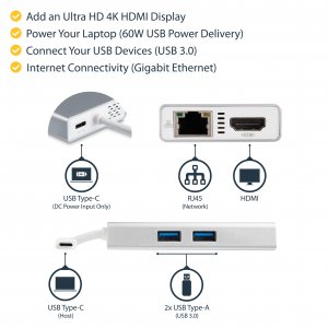 StarTech.com USB-C Multiport Adapter - USB-C Travel Docking Station w/ 4K HDMI - 60W Power Delivery Pass-Through, GbE, 2pt USB-A 3.0 Hub - Portable Mini USB Type-C Dock for Laptop - White