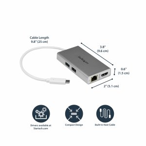 StarTech.com USB-C Multiport Adapter - USB-C Travel Docking Station w/ 4K HDMI - 60W Power Delivery Pass-Through, GbE, 2pt USB-A 3.0 Hub - Portable Mini USB Type-C Dock for Laptop - White