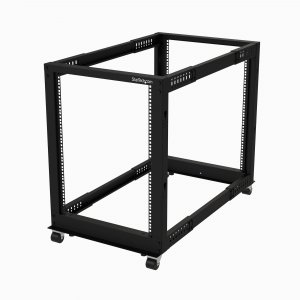 StarTech.com 4-Post 15U Mobile Open Frame Server Rack, Four Post 19″ Network Rack with Wheels, Rolling Rack with Adjustable Depth for Computer/AV/Data/IT Equipment - Casters, Leveling Feet or Floor Mounting