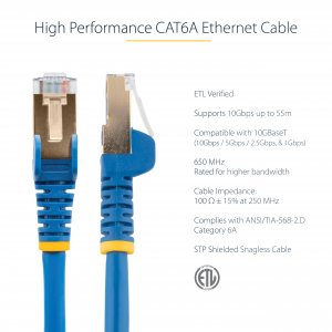 StarTech.com 2m CAT6a Ethernet Cable - 10 Gigabit Shielded Snagless RJ45 100W PoE Patch Cord - 10GbE STP Network Cable w/Strain Relief - Blue Fluke Tested/Wiring is UL Certified/TIA