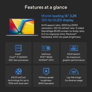 ASUS Vivobook 16X K3605ZV-N1045W Intel® Core™ i7 i7-12650H Laptop 40.6 cm (16") WUXGA 16 GB DDR4-SDRAM 512 GB SSD NVIDIA GeForce RTX 4060 Wi-Fi 6E (802.11ax) Windows 11 Home Silver